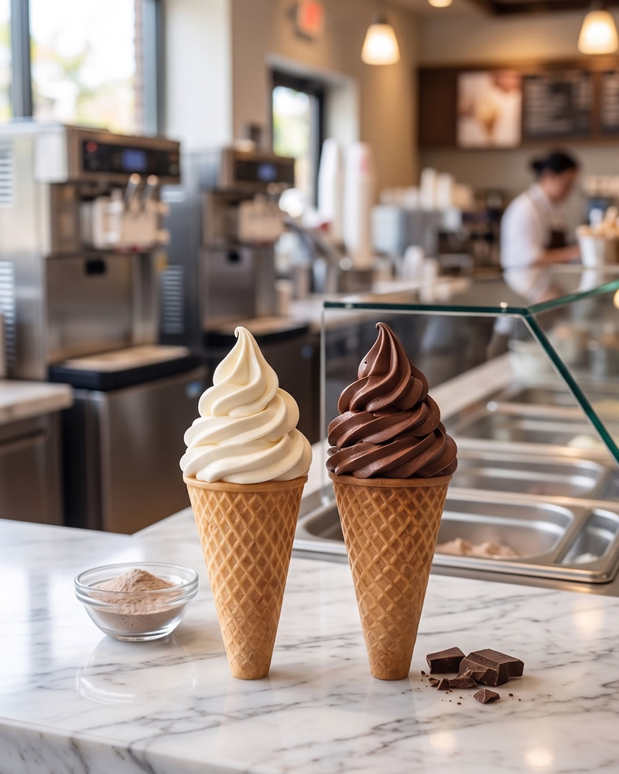 Premium vanila i čokolada soft serve sladoled u korneima